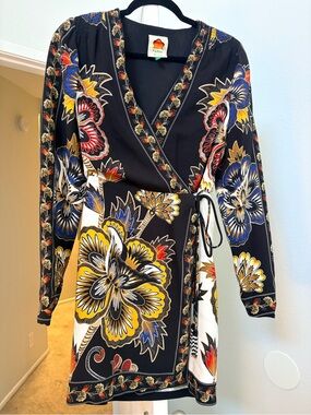 FARM Rio Black Floral Wrap Dress with Yellow, Blue and Red Accents